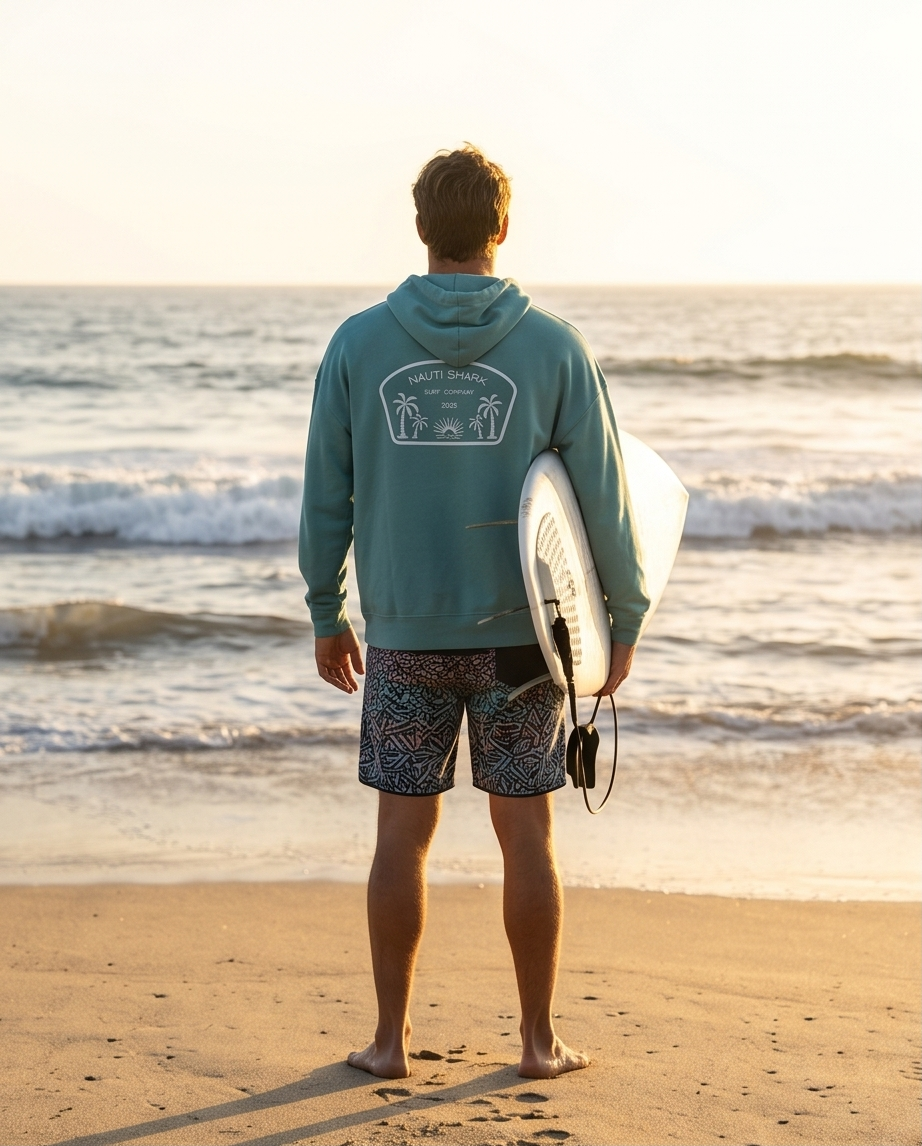 HEATHER BLUE LAGOON HOODIE W/ White SURF COMPANY Design