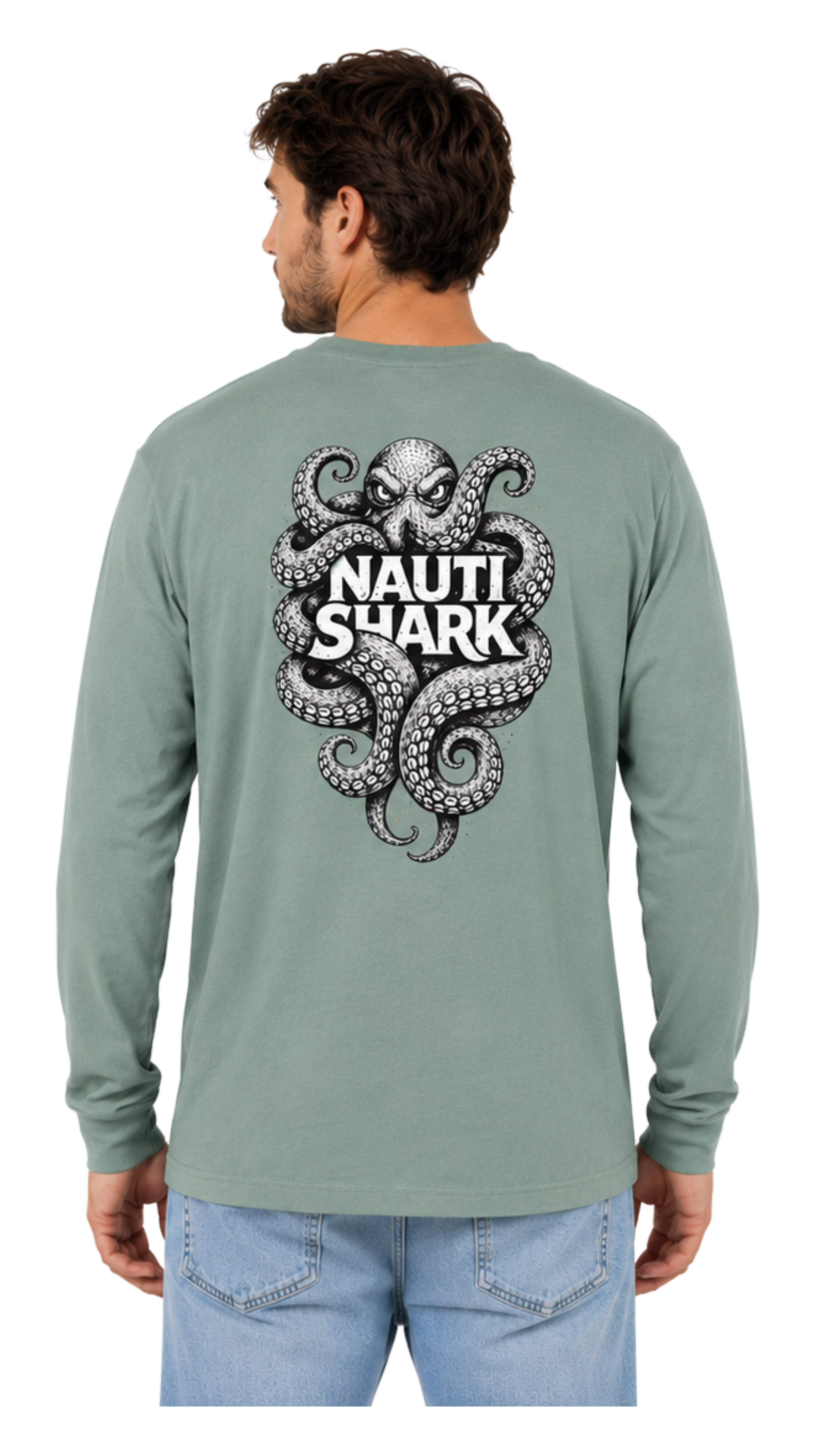 Dusty Blue KRAKEN Long Sleeve T-SHIRT - Black & White Design
