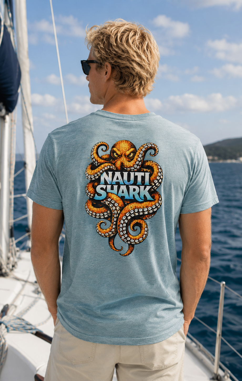 Dusty Blue KRAKEN T-SHIRT - Orange Design