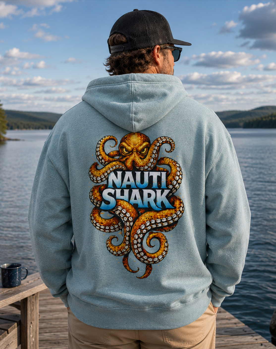Heather Blue Lagoon KRAKEN HOODIE - Orange Design