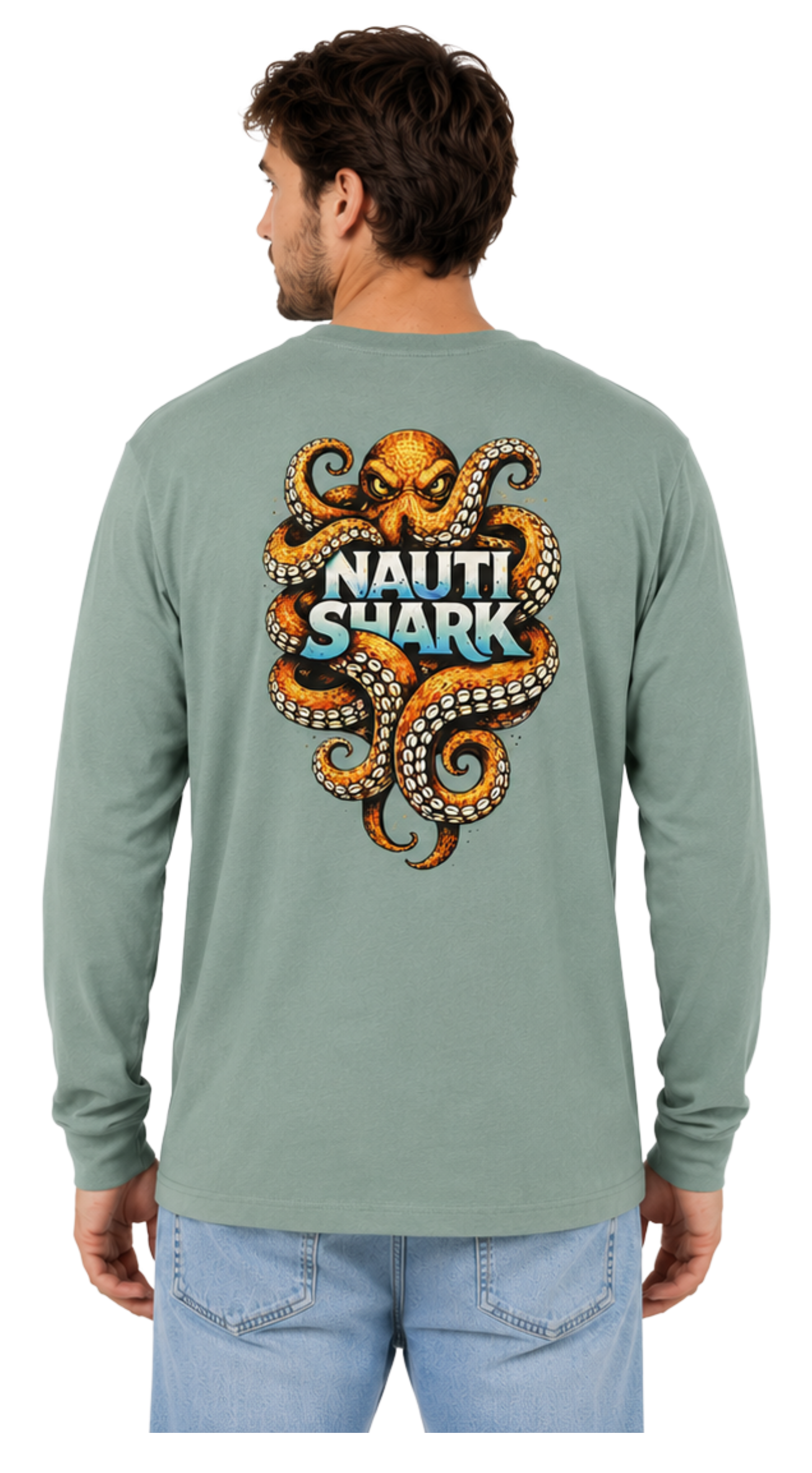 Dusty Blue KRAKEN Long Sleeve T-SHIRT - Orange Design