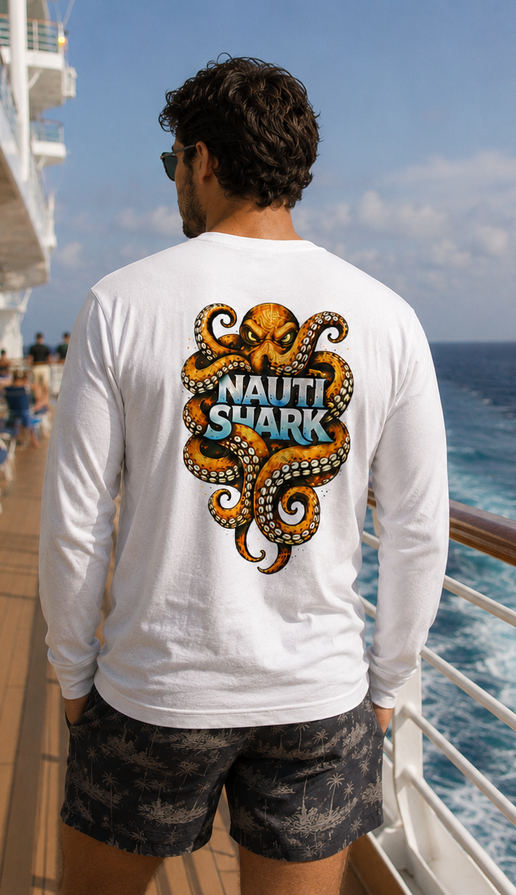 White KRAKEN Long Sleeve T-SHIRT - Orange Design